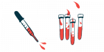 A squirting pipette is pictured alongside several vials half filled with a red liquid.