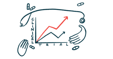 Hands and a stethoscope frame a line graph labelled clinical trial.