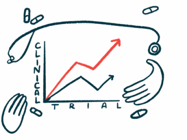 Hands and a stethoscope frame a line graph labelled clinical trial.