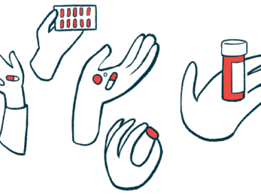 Five hands are shown holding pills, capsules and a prescription medicine bottle.