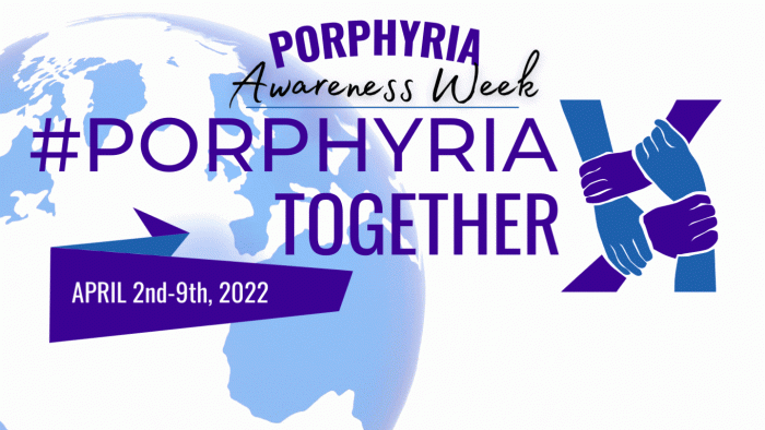 Porphyria Awareness Week | Porphyria News | The GPAC logo for Porphyria Awareness Week 2022 set against a globe in the background, and with four hands grasping the wrist of another hand, all in blue and purple tones