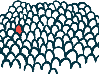 A rare disease illustration shows one red image in a large crowd of white ones.
