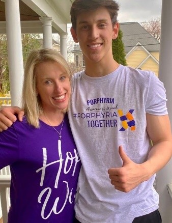 porphyria journey | Porphyria News | Brady and Kristen pose in an embrace and smile broadly in their purple porphyria awareness T-shirts. Brady flashes a thumbs-up.