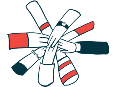 In this hands in illustration, eight different hands overlap each other to form a circle.