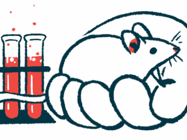 An oversized human hand holds a mouse next to a rack of test tubes filled with blood.