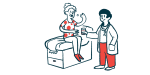 A clinician hands a glass of water to a patient sitting on an examining table who's about to take oral medication.