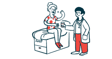 A clinician hands a glass of water to a patient sitting on an examining table who's about to take oral medication.