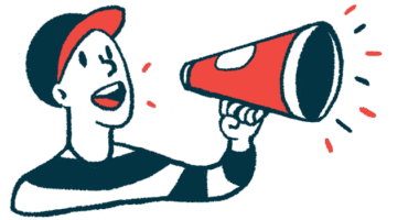 A person wearing a baseball cap speaks through a megaphone.