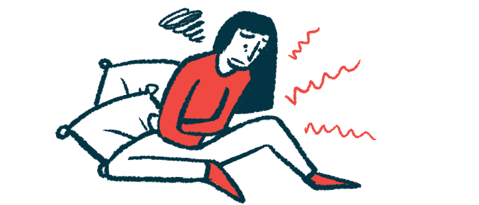 An illustration shows a woman sitting on a bed, holding her abdomen in pain.