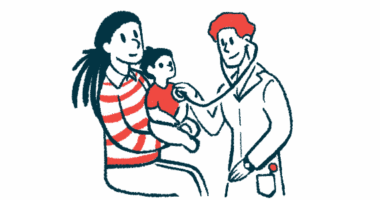 A woman holds a child as a doctor listens to the child's heartbeat with a stethoscope.