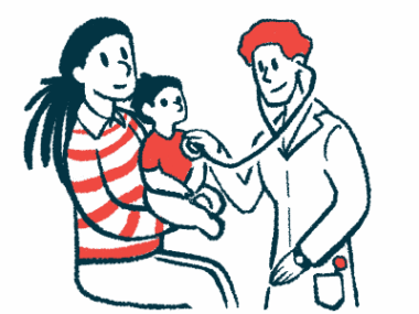 A woman holds a child as a doctor listens to the child's heartbeat with a stethoscope.