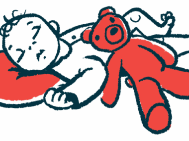 A baby sleeping with a teddy bear is shown.