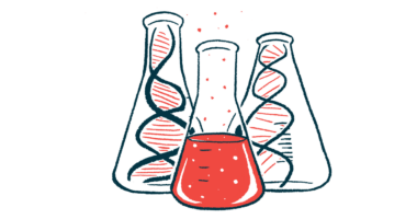 A beaker filled with a red liquid is flanked by two flasks showing DNA strands.