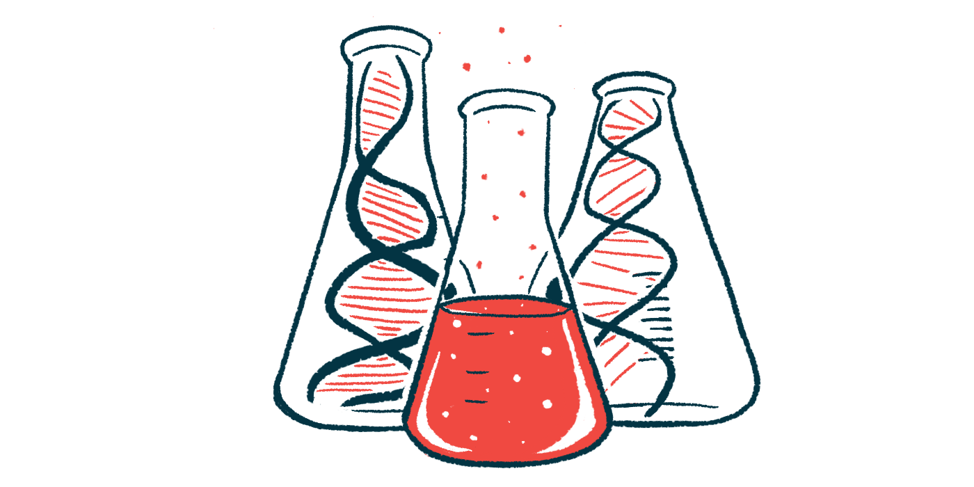 A beaker filled with a red liquid is flanked by two flasks showing DNA strands.