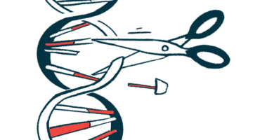 A pair of scissors cuts a strand of DNA.