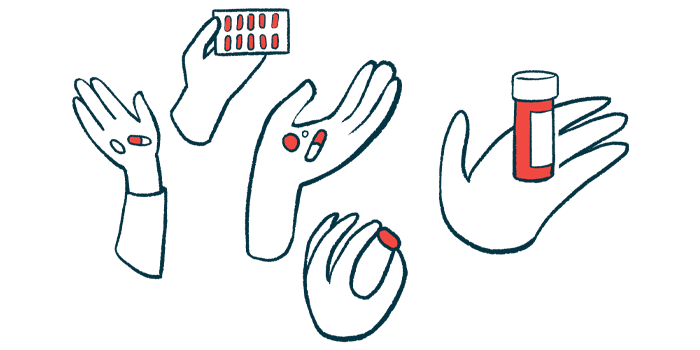 Illustration of five hands holding various forms of pills.