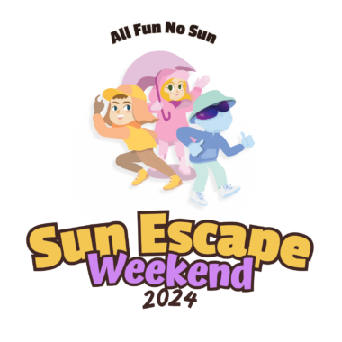 A graphic for Camp Sun Escape reads "Sun Escape Weekend 2024: All fun, no sun" and depicts a cartoon of three people wearing sun-protective gear.