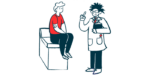 A man sits on an examining table as he speaks to his doctor.