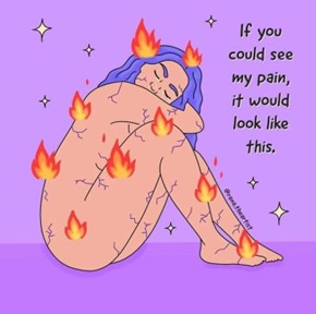 A graphic with a purple background shows a person without clothes sitting with knees to the chest and elbow on the knees. The head is turned slightly to the right. Red flames are scattered about the body, as are cracks. It is meant to depict how chronic pain actually feels. 