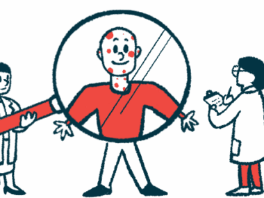 A researcher holds a magnifying glass in front of a patient as another takes notes.