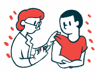 A clinician administers an injection into a patient's right upper arm.