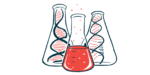 Two large bottles, each containing a strand of DNA, flank a third bottle filled with a red liquid.