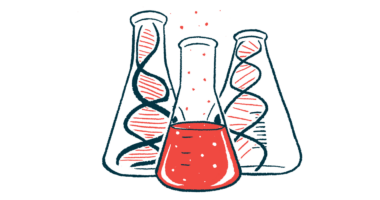 Two large bottles, each containing a strand of DNA, flank a third bottle filled with a red liquid.