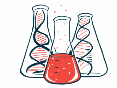 Two large bottles, each containing a strand of DNA, flank a third bottle filled with a red liquid.