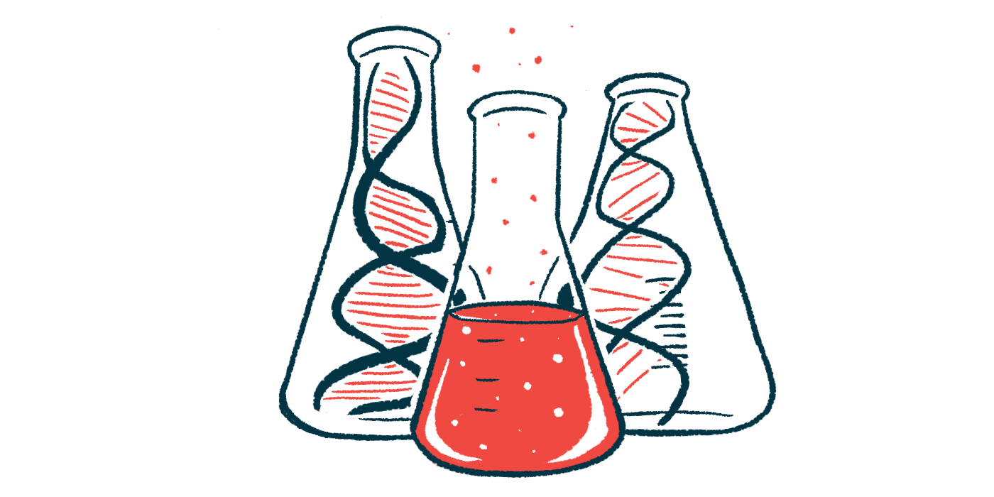 Two large bottles, each containing a strand of DNA, flank a third bottle filled with a red liquid.