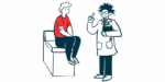 A man sits on an examining table as he listens to his doctor.