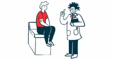 A man sits on an examining table as he listens to his doctor.