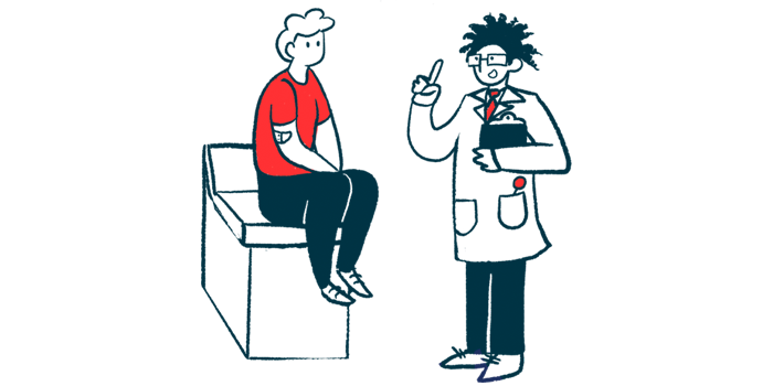 A man sits on an examining table as he listens to his doctor.