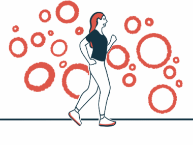 An illustration shows a woman walking.