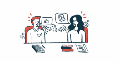 In this illustration of collaboration, two people sit at a desk covered by books and papers while discussing ideas.