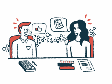 In this illustration of collaboration, two people sit at a desk covered by books and papers while discussing ideas.