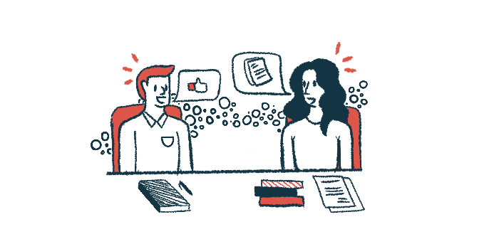 In this illustration of collaboration, two people sit at a desk covered by books and papers while discussing ideas.