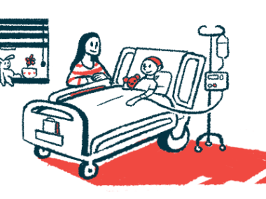 A parent stands next to the hospital bed of a child receiving an intravenous infusion into the arm.