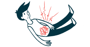 An illustration of a person with red highlights around their stomach indicating abdominal pain.