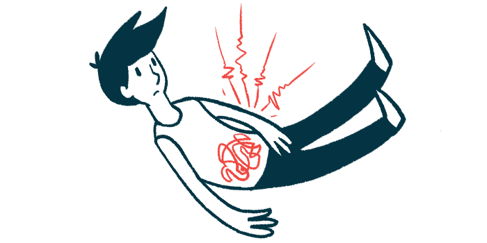 An illustration of a person with red highlights around their stomach indicating abdominal pain.