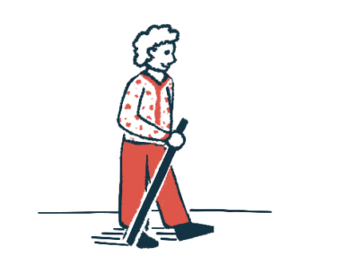 An older woman is seen moving with the aid of a walking stick.