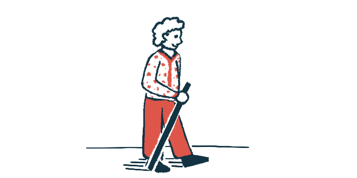 An older woman is seen moving with the aid of a walking stick.