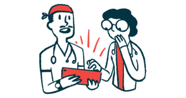 An illustration of two doctors looking at a patient chart.