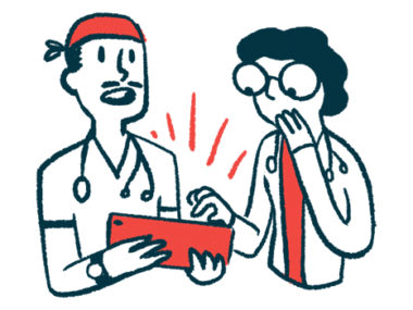 An illustration of two doctors looking at a patient chart.