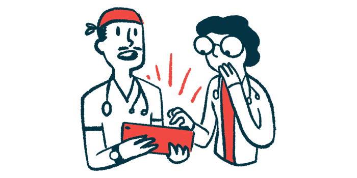 An illustration of two doctors looking at a patient chart.