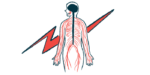 A large red lightning bolt serves as the backdrop to the outline of a human that highlights the brain, spinal cord, and peripheral nerves.