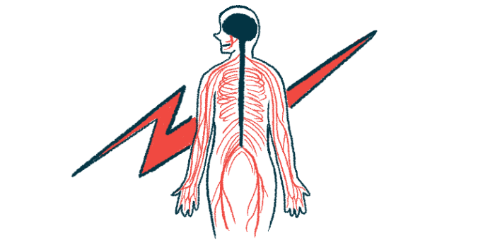 A large red lightning bolt serves as the backdrop to the outline of a human that highlights the brain, spinal cord, and peripheral nerves.