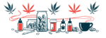 Illustration of cannabis leaves, oils, dried cannabis, pills and tea used to represent alternative care.