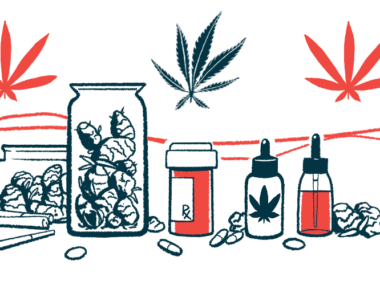Illustration of cannabis leaves, oils, dried cannabis, pills and tea used to represent alternative care.
