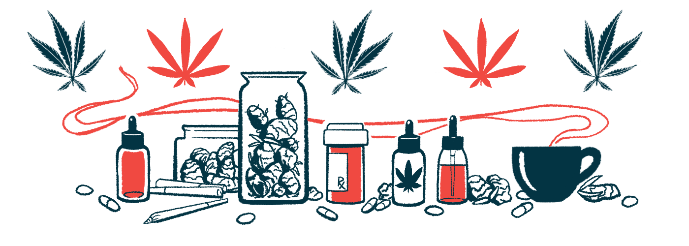 Illustration of cannabis leaves, oils, dried cannabis, pills and tea used to represent alternative care.