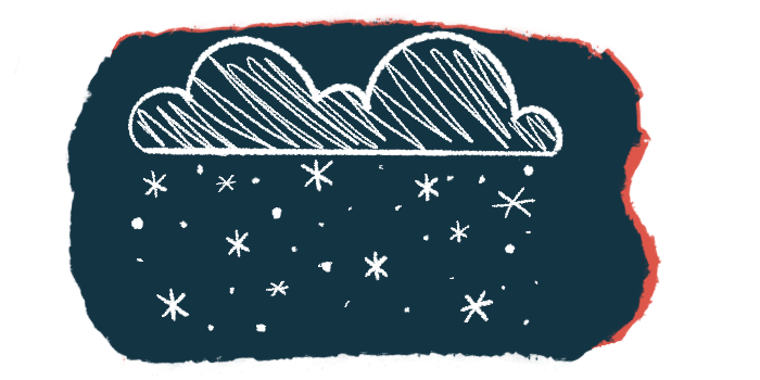 An illustration shows a night sky with snowflakes.
